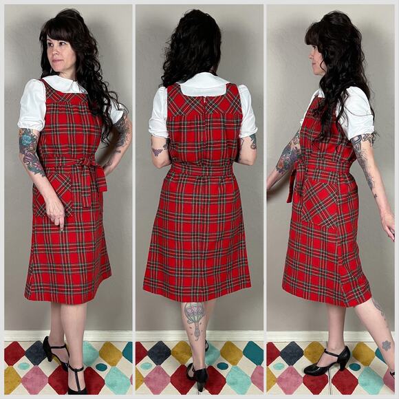 Vintage 1970s Red Tartan Plaid A-Line Pinafore Jumper Dress - Picture 3 of 7